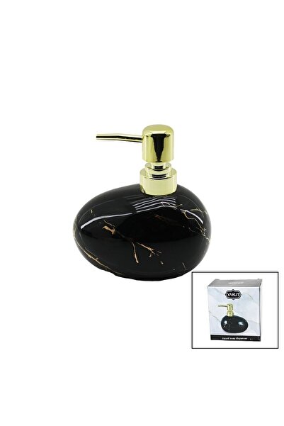 Go İthalat Horizontal Chubby Black Marble Pattern Ceramic Liquid Soap Dispenser with Gold Lid (5273)