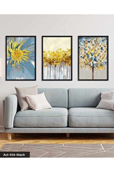 CeSht Blue Flower Watercolor Look 3 Piece Black Wooden Framed Painting
