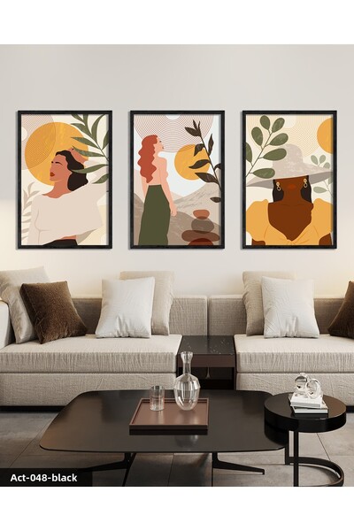 CeSht Boho Style Artistic Woman Portrait 3 Piece Black Wooden Framed Painting