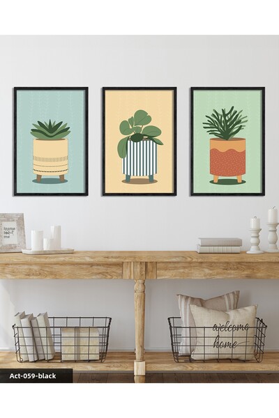 CeSht Flower in a Pot 3 Piece Black Wooden Framed Painting