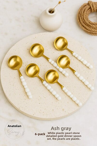 Anadolu Saray Set of 6 Luxury White Plastic Gold Dinner Spoons with Pearl Stone Detail | 6 Piece Luxury Dinner Spoon Set