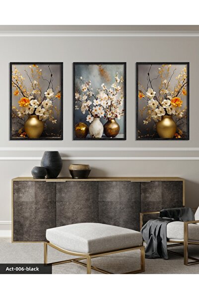 CeSht Flowers in a Vase 3 Piece Black Wooden Framed Painting