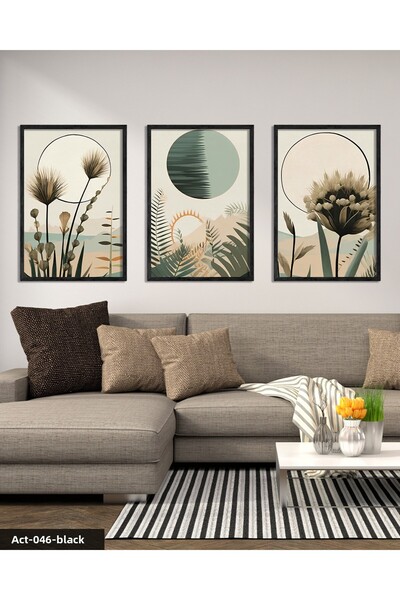 CeSht Tablou în stil boho cu aspect acuarelă, 3 piese, cu rame din lemn negru