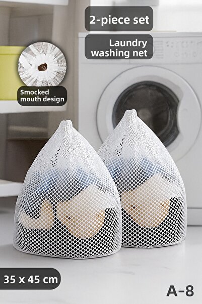 Meleni Home Set of 2 Drawstring Laundry Nets - Protective Laundry Washing Bag 35X45 cm White