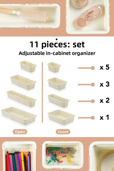 Meleni Home منظم خزانة قابل للتمديد مكون من 11 قطعة - مجموعة منظمات متعددة الأغراض للحمام والمطبخ والمكتب داخل الأدراج