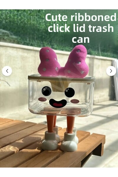 ARVALE Transparent Cute Ribbon Click Lid Mini Trash Can |   1.8 Lt with Sticker