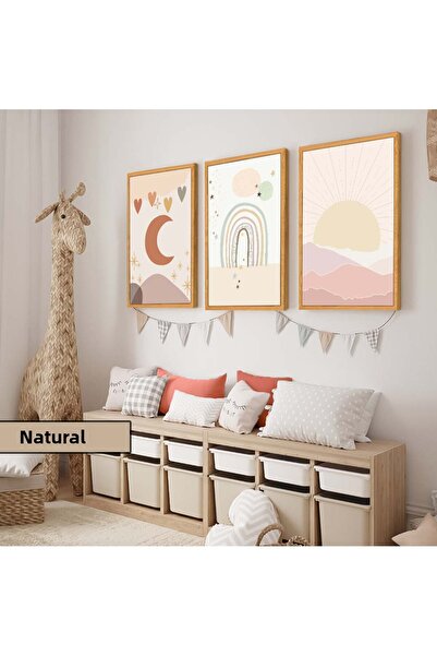 Harikabirev Camera copiilor Living Room - Minimalist Modern Boho PINK MOON | 3 PIESE MDF AHMDF CU CADRU DIN LEMN