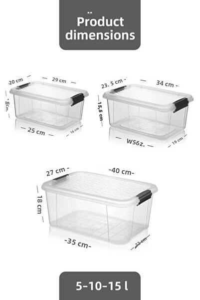 MOİ 3-Pack Organizer Box 5-10-15L Storage Container - Multi-Purpose Organizer Lock Lid Deep Storage Box