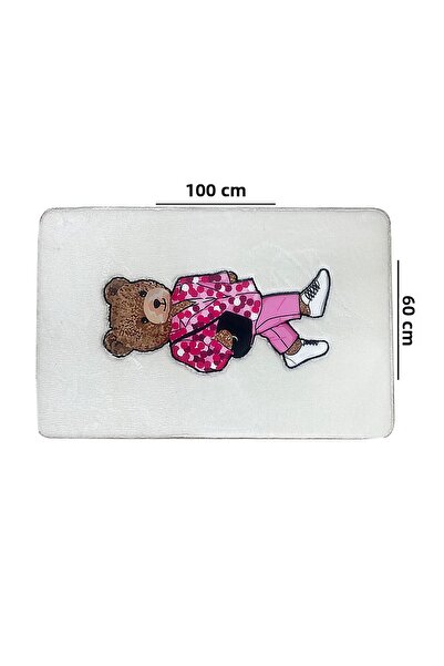 Chilai Home Boss Bear Ecru Single Embroidered Bath Mat, Non-Slip Base 60X100Cm