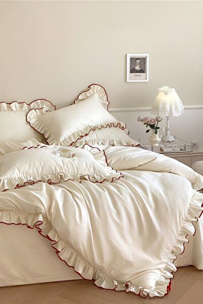 GÖRMEZ TEKSTİL Saf Cotton Double Red Overlock Decorative Stitched Ecru