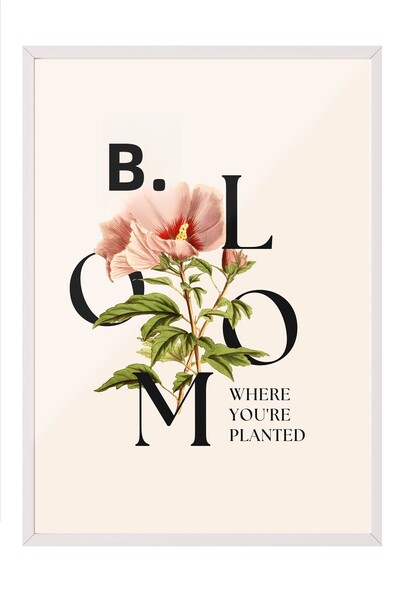 Zestia Tablou înrămat alb, design tipografic cu flori înflorite, poster decor...