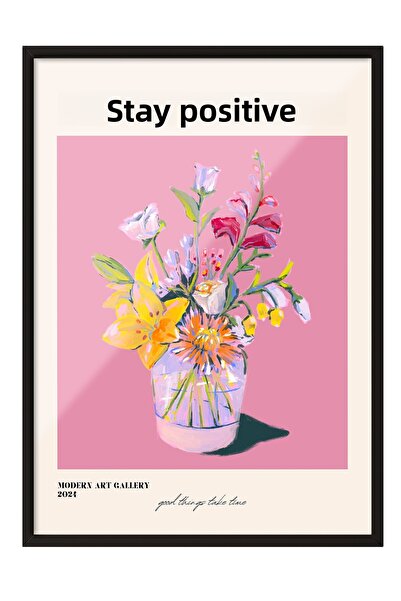 Zestia Tablou înrămat negru, tipografie florală „Rămâi pozitiv”, poster decor...