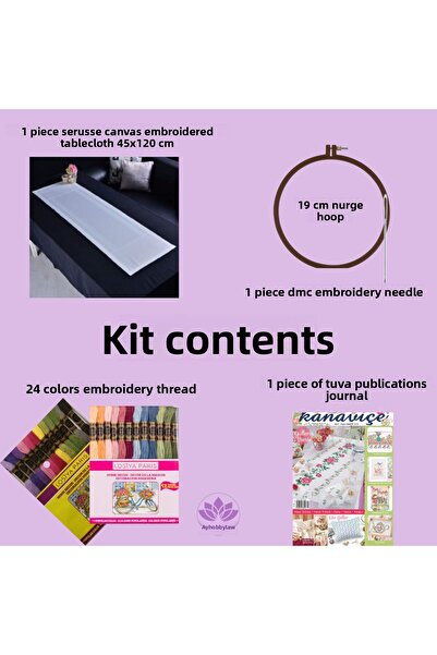 LİLYHOBBYLAND Kaneviçe Starter Set Serusse 45X120 cm Tablecloth + 24 Colors of Thread + Pulley + Needle + Magazine