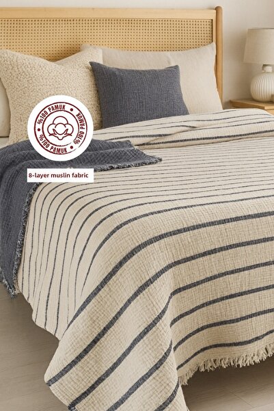 sutra غطاء سرير مزدوج من قماش الموسلين 100% قطن 8 طبقات - 250×280 سم