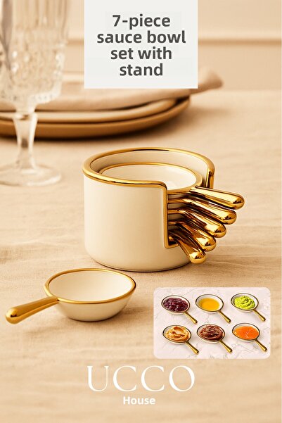 UCCO 7 Piece Porcelain Gold Gilded Breakfast Sauce Bowl Set with Stand – Porcelain Gold Breakfast and Presentation
