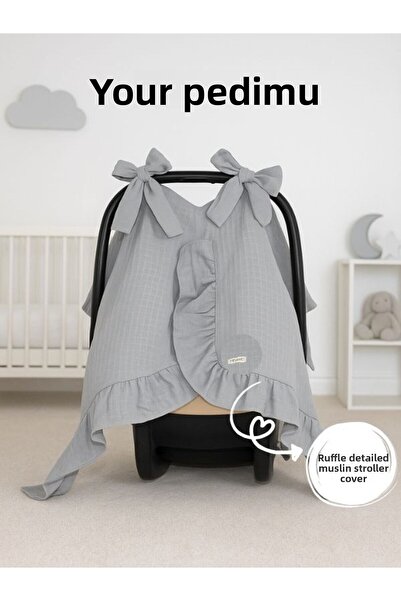 Pedimu Muslin Gray Color Ruffle Detailed Stroller Cover