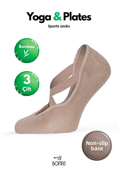 Bonas Дамски бамбукови противоплъзгащи чорапи за пилатес - ABS подметка, в цвят на кожата, за йога и фитнес, 3 чифта