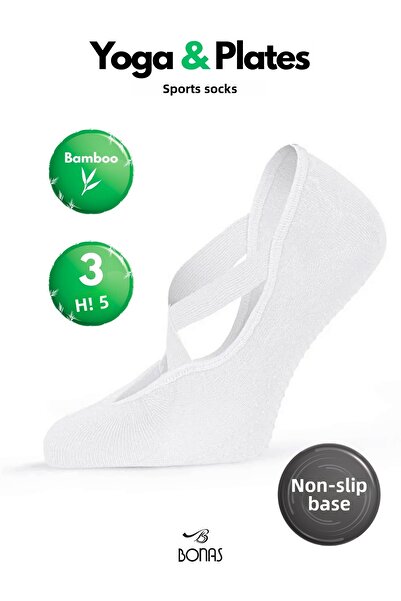 Bonas Дамски бамбукови противоплъзгащи чорапи за пилатес - ABS подметка, бял ...