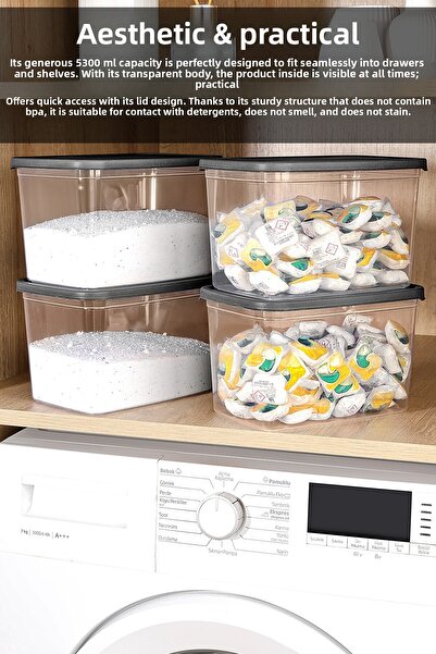 Meleni Home Laundry Detergent Storage Box with Label - Transparent Deep Bathroom Tablet Powder Detergent Box 3.7 Liters