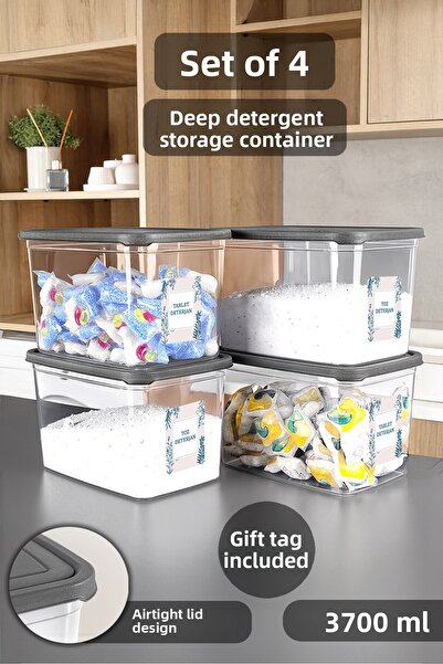 Meleni Home 4-Pack Detergent Storage Box with Labels - Transparent Deep Bathroom Tablet Powder Detergent Box 3.7 Liters
