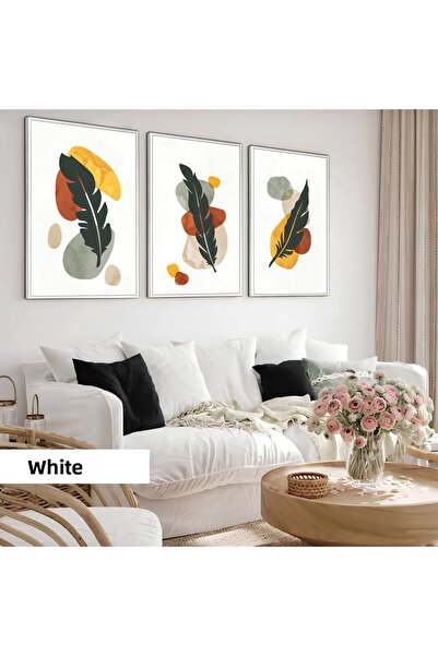 Harikabirev Children's Room Living Room-Minimalist Modern Bohemian Leaf Pattern 002 | Wooden Framed 3-Piece Mdf Ahmdf