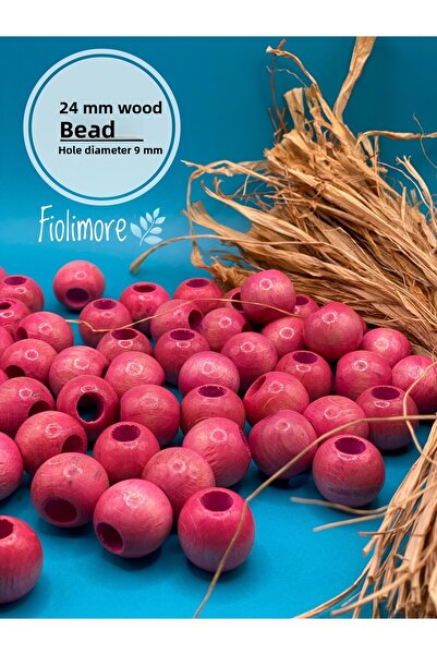 Fiolimore 24 ملم خرز خشبي وردي (13 قطعة) حقيبة مكرامية مستديرة تصميم خرز خشبي...
