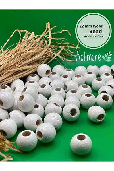 Fiolimore 22 ملم خرز خشبي أبيض (50 جرام 14 قطعة) قطر الفتحة العريضة 8 ملم حقي...