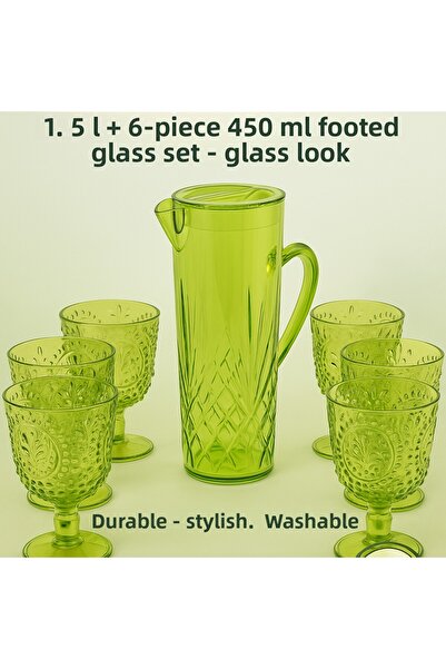 Mustran Pitcher and Glass Set Green Acrylic 1.5 L Patterned + 6-Piece 450 ml Stemmed Glasses Glass-Looking Dowry Set