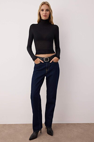 Trendyol Collection Black See-Through Stand Collar Stretch Regular Length Knitted Blouse Twoaw26Bz00266