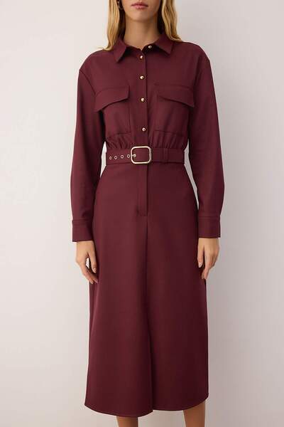 Trendyol Collection Vínové midi tkané šaty z prémiové tkaniny s detailem pasu na kapsu TWOAW26EL00118