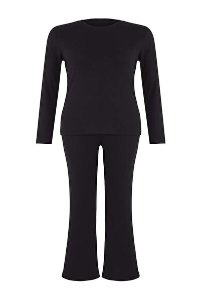 Trendyol Curve Black Melange Fitted/Slim Fit Ribbed Stretchy Knitted Bottom-Top Suit Tbbaw26Cp00010