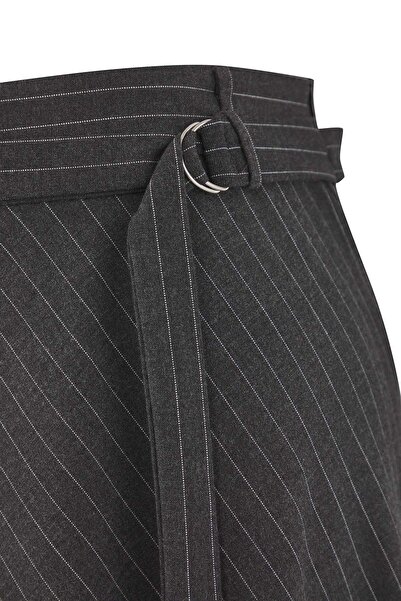 Trendyol Curve Anthracite Belt Detailed Striped Midi Woven Plus Size Skirt Tbbaw26Az00032