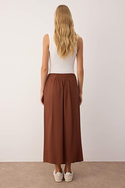 Trendyol Collection Sustainable Brown Tie-Up Double-Breasted Closure Viscose Fabric Maxi Length Woven Skirt Twoss24Et00006