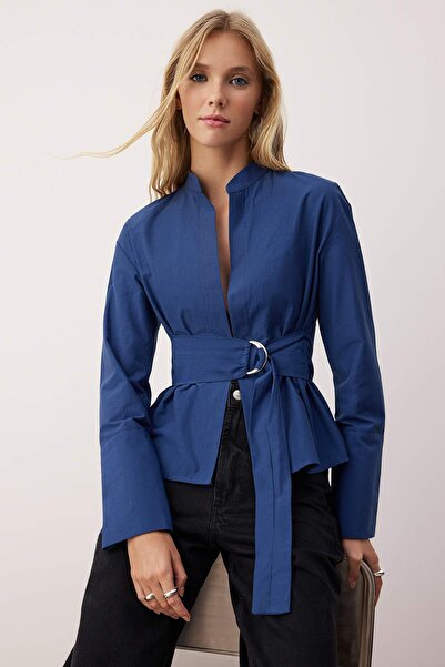 Trendyol Collection Синя сорочка з поясом, на кнопках, регульована TWOAW26GO00067