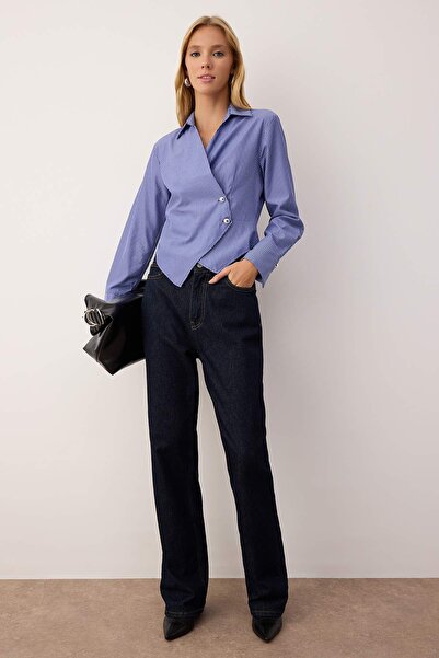 Trendyol Collection Смугаста сорочка з синіми смужками та срібними ґудзиками TWOAW26GO00081