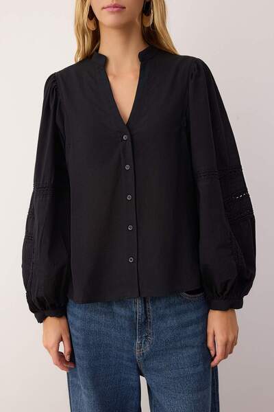 Trendyol Collection Black Sleeves Lace Stripe Detailed Boho Shirt Twoaw26Go00068