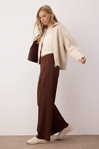 Trendyol Collection Brown Interlock Wide/Leg Wide Cut Stretchy Knitted Ribbed Pants Twoaw26Pl00075