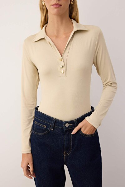 Trendyol Collection Stone Fitted/Body Polo Neck Button-Down Snap Stretch Knitted Bodysuit Twoaw26Bd00009