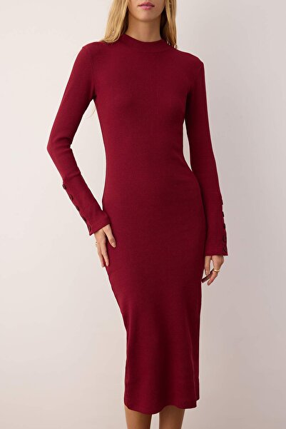 Trendyol Collection Burgundy Stand Collar Fitted/Bodycon Button Midi Knitted Dress Twoaw26El00218