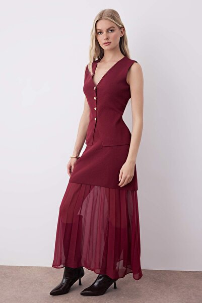 Trendyol Collection Burgundy Lining Garnished Detailed Knitwear Bottom - Top Set Twoaw26Au00026