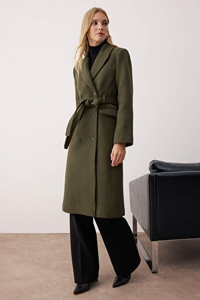 Trendyol Collection Khaki Belted Double Breasted Closure Regular Long Cashmere Coat Twoaw26Kb00055