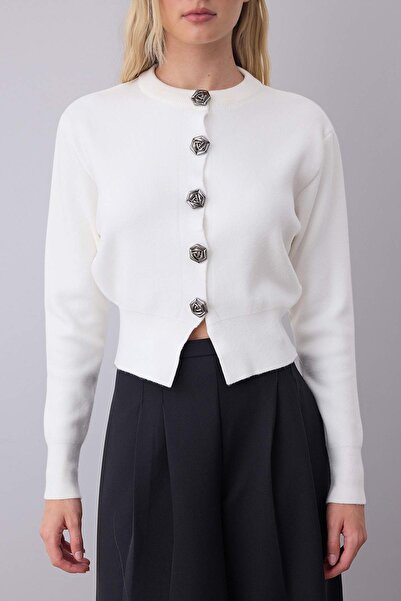 Trendyol Collection Ecru Premium Yarn/Special Yarn Crop Rose Button Jacket Look Knitwear Cardigan Twoaw25Hi00110