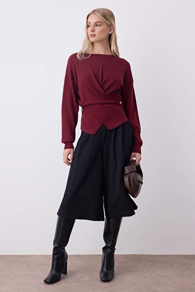 Trendyol Collection Burgundy Cotton Blend Lacing Detail Knitwear Sweater Twoaw26Kz00216