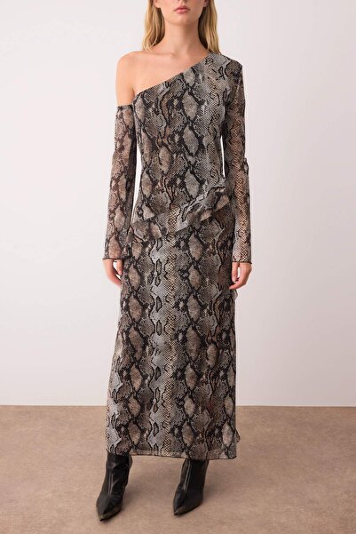 Trendyol Collection Multi-Colored Animal Ruffle Maxi Open Shoulder Detailed Stretchy Tulle Knitted Dress Twoaw26El00214