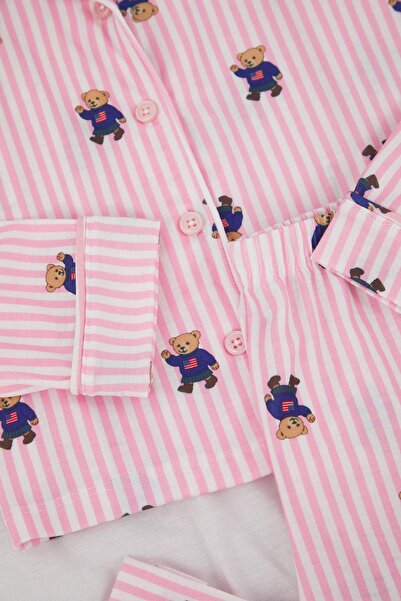 TRENDYOLKIDS Pink Soft Textured Girl's Patterned Shirt Collar Regular Knitted Pajama Set Tkdaw26Pt00006