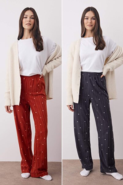 Trendyol Collection Tile Anthracite 2-Pack Heart Fleece Winter Knitted Pajama Bottoms Thmaw25Pj00004