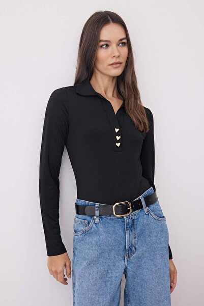 Trendyol Collection Black Fitted/Slim Fit Polo Neck Button-Down Snap Stretch Knitted Bodysuit Twoaw26Bd00009