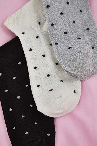 Trendyol Collection Gray-Black-White 3-Piece Polka Dot Jacquard Knitted Socks Thmaw26Co00006