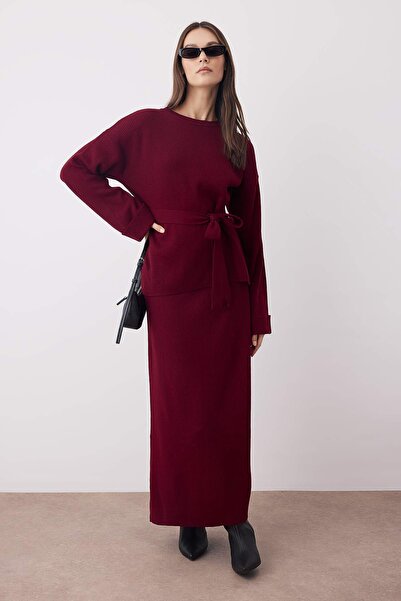 Trendyol Collection Burgundy Crew Neck Belt Detailed Sweater-Skirt Knitwear Bottom - Top Set Twoaw26Au00019