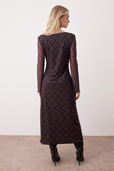 Trendyol Collection Multicolored Plaid Printed Maxi Knitted Dress with Tie-Up Detail Twoaw26El00167